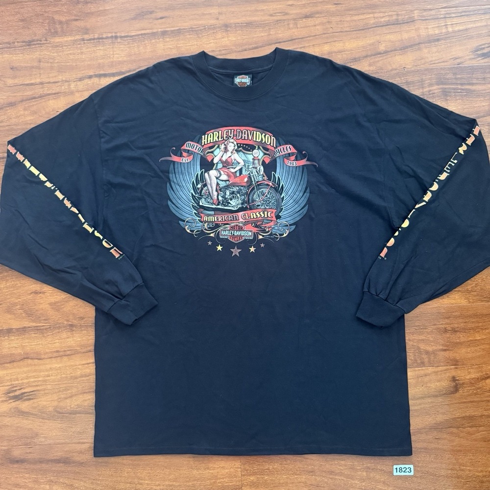 Harley Davidson Pin Up Biker Girl MotorCycle Long Sleeve T Shirt Black Sz 2XL